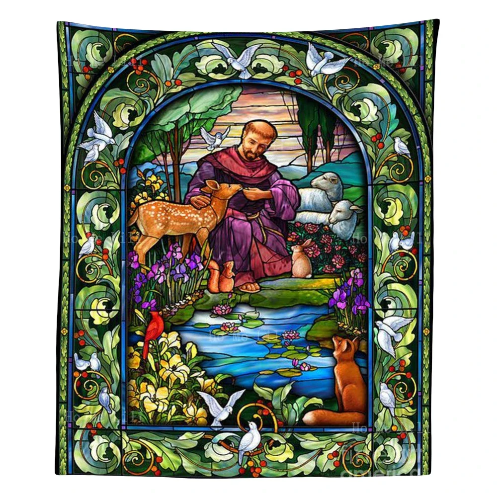 Saint Francis Of Assisi Animal Bible Stained Glass Holy Roman Apostolic Sacraments Tapestry By Ho Me Lili For Living Room Decor