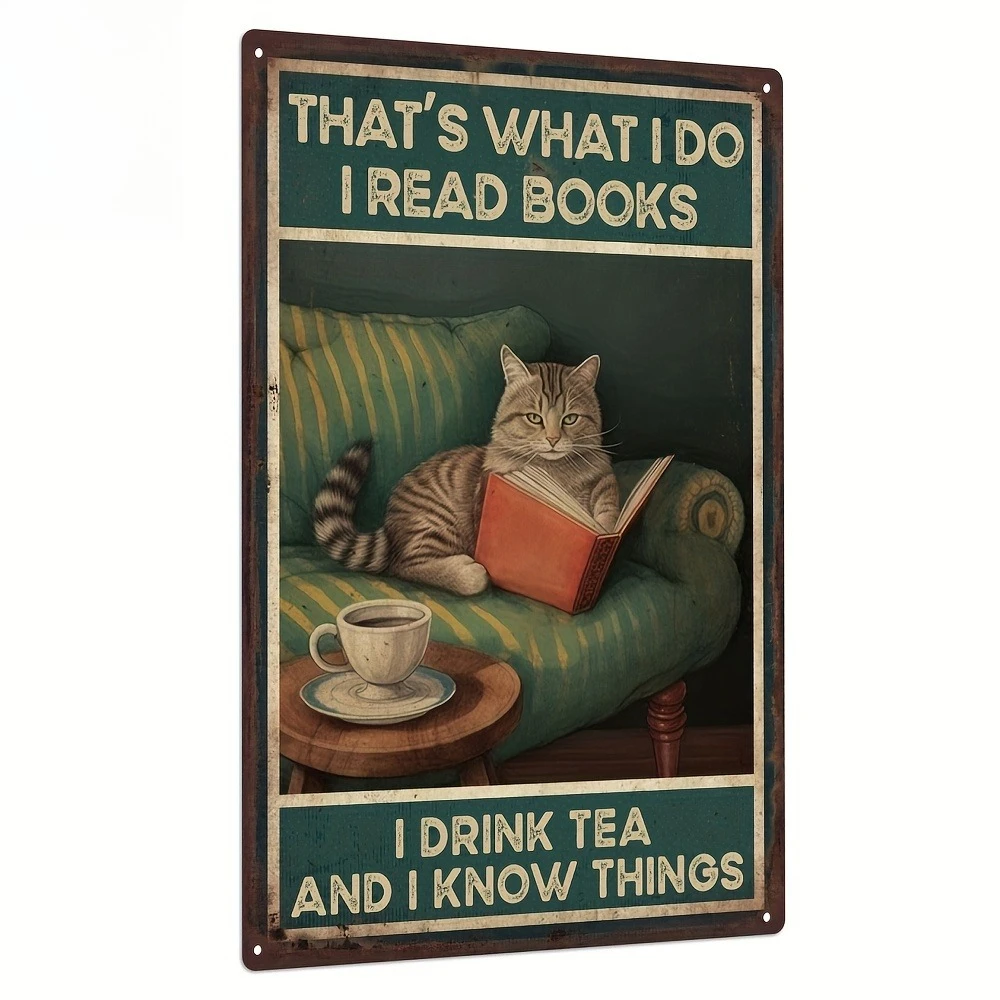 Enjoy Tea Cat Theme Vintage Metal Sign Reading Cat Wall Art Plaque for Living Room Bedroom Study Halloween Christmas Decor Gift