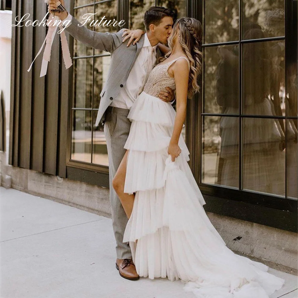 Robe de mariée bohème plissée en tulle doux, perles à plusieurs niveaux, bretelles spaghetti, patients chérie, quel que soit le côté, fendue