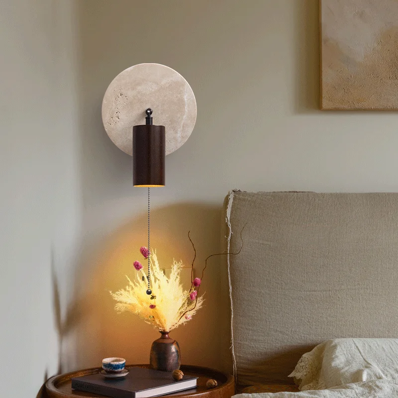 Natural Travertine Wall Sconce Pull Chain Switch Wooden Shade Wall Lamp E27 Rotatable Head Bedside Wall Light For Bedroom Decor