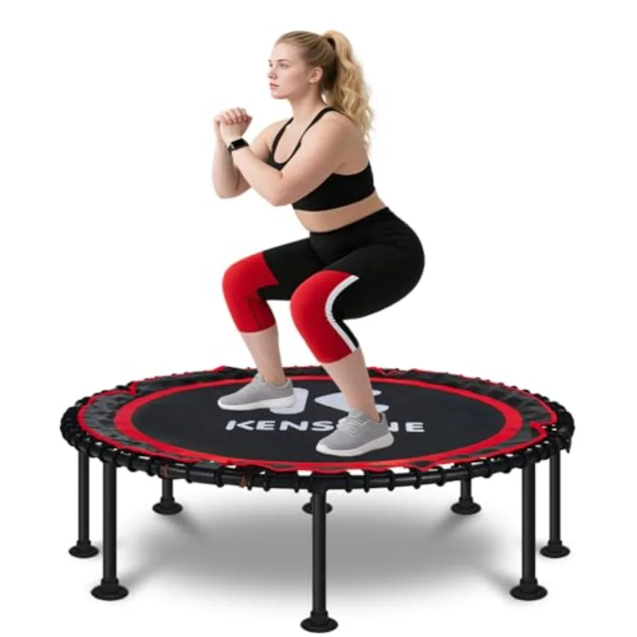 

Foldable rebounder trampoline for indoor fitness use steel frame with black bungee cords quiet operation 40/48-inch diameter su