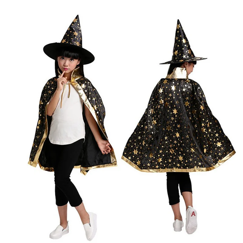 Disfraz de Halloween, capa de satén con sombrero para niños, mago, bruja, Cosplay, fiesta de Halloween, vestido para niños, ropa fantasma 2021