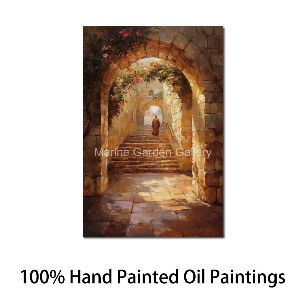 Judaic Painting Jerusalem Archway Hand Painted Oil Canvas Art Abstract Landscape Jewish Decor for Dining Room Prayer Gift