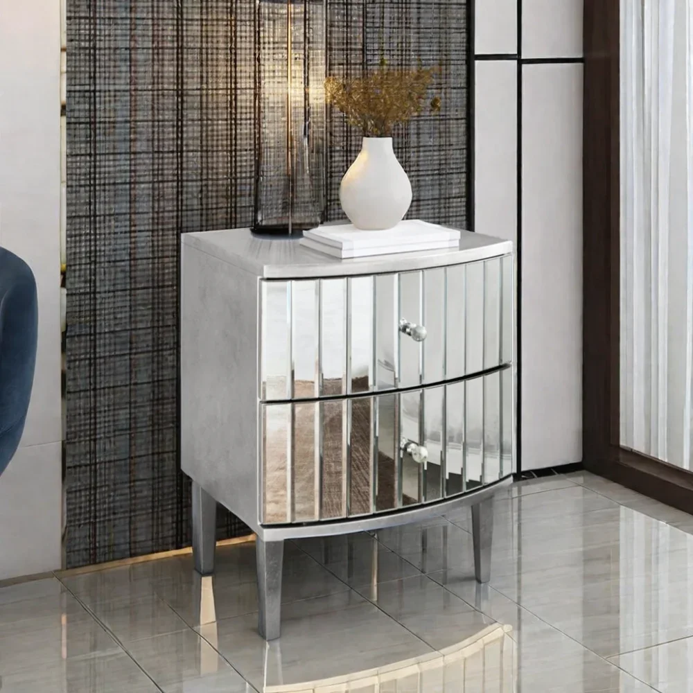 7 Days Delivery  Modern round 3-Drawer Nightstand Glass Bedside Table with Mirrored Finish for Bedroom Living Room