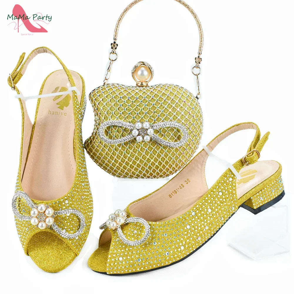 Wedding Party New Arrivals Italian Design Shoes and Bag in Gold Color 2024 INS Hot Sale Pointed Toe with Crystal for Dress