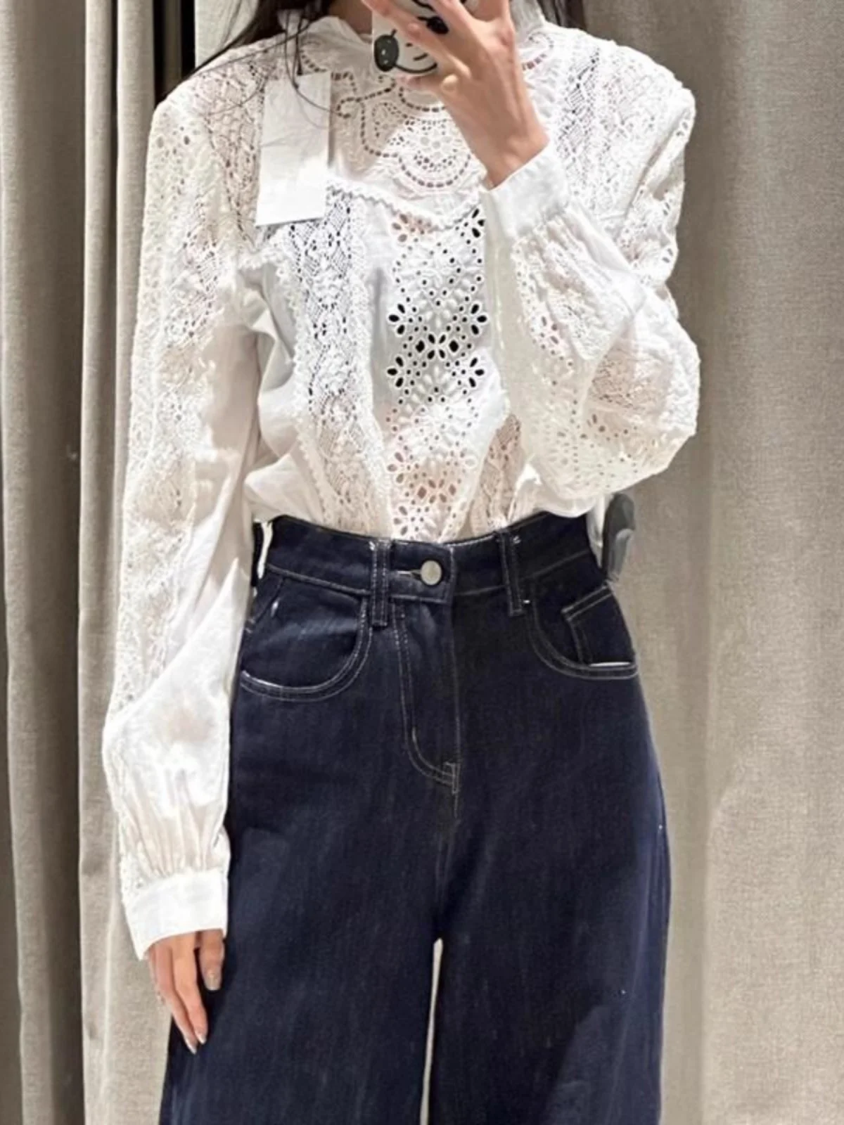 

Spring Summer 2025 New Romantic round Ne Embroidered Cotton irt Women's Loose Fit Long Sve Casual Top Faion Ladies