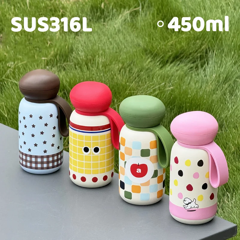 

450ml Student Sports THERMAL Water Bottle With Handle And Print,Double-layer Stainless Steel Vacuum FLASKS,Women's THERMOS CUP
