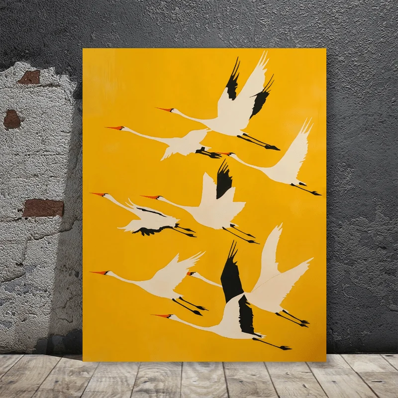 White Birds in Flight Mustard Yellow Abstract Bohemian Canvas Painting Frameless Wall Art Print for Living Room Bedroom Decor