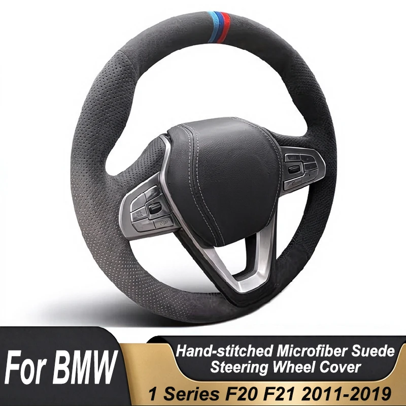 Custom Hand Stitched Black Microfiber Suede Non-slip Car Steering Wheel Cover For BMW 1 Series F20 F21 M135i M140i 2011-2019