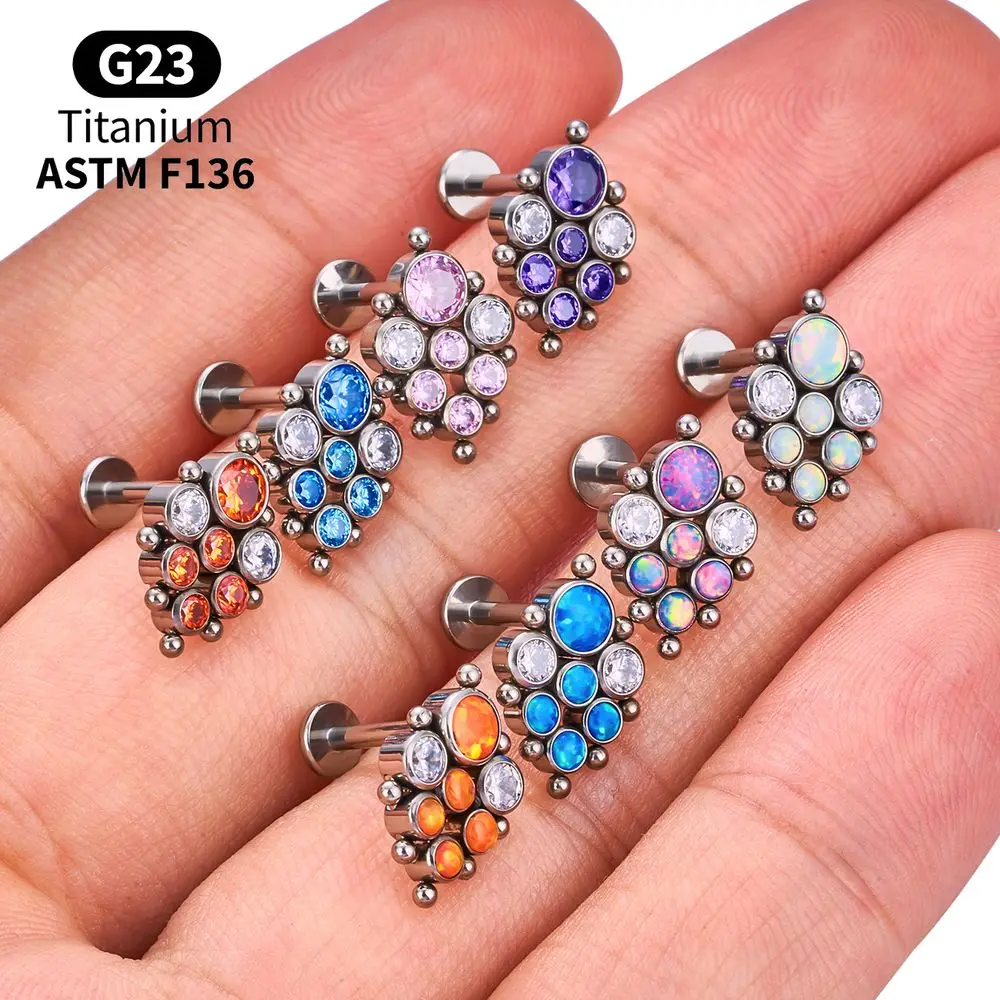 Titanium Arc Opal Labret Packs Helix Tragus Septum Conch Vertical Flat Back Earring Internally Threaded Professional Jewelry