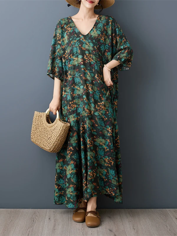 Summer Vintage Large Size A-Line Midi Skirt Cotton Linen Plant Floral Print V-Neck Loose Fit Swing Skirt Citywalk Long Dress