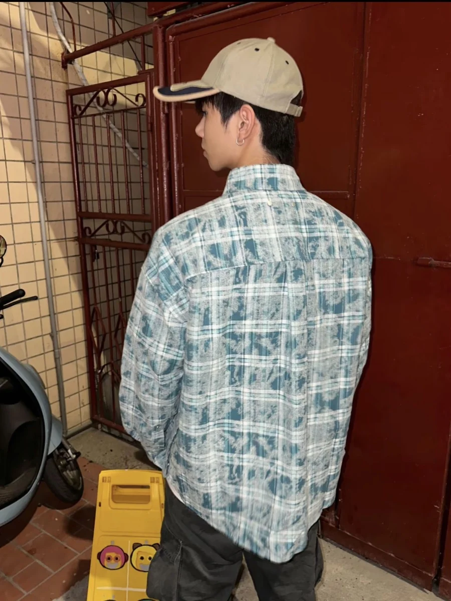 

American Retro een Mist Plaid Men's irt CleanFit Flannel Loose Cotton Long Sve Collar Button up Autumn Faion