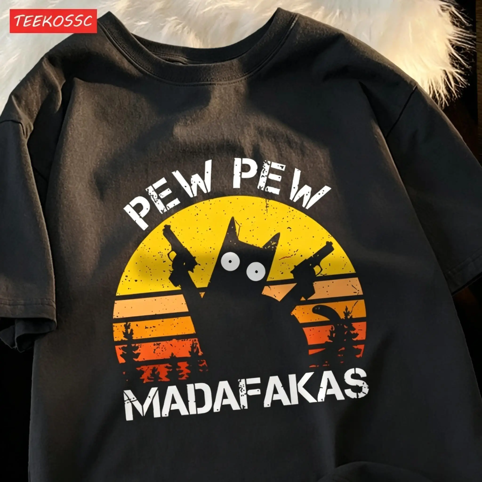 Pew Pew Madafakas Cat With Two Guns T-Shirts Man Street Summer Short Sleeve Harajuku Cotton Tshirt Oversized Breathable Tops