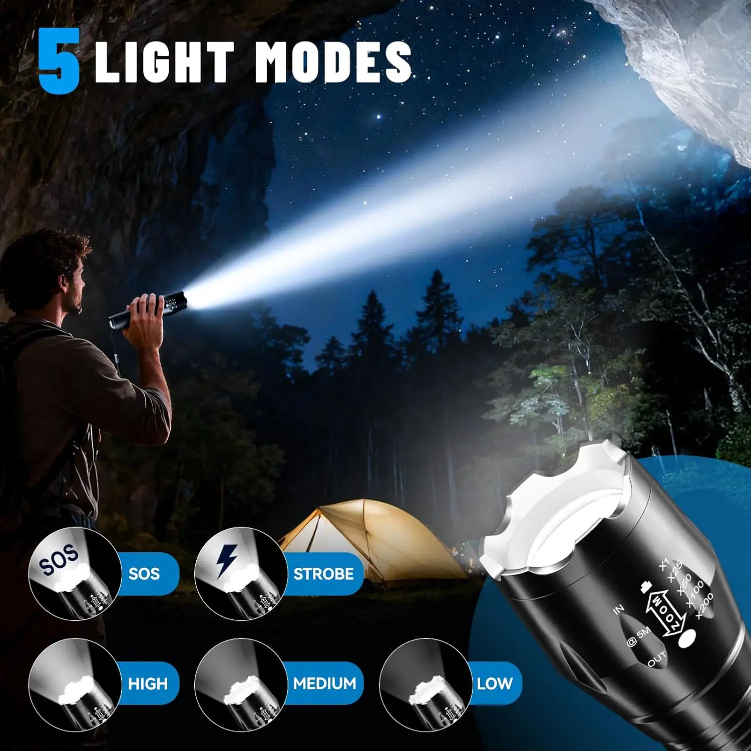 Linterna LED impermeable con zoom de 5 modos para senderismo, camping, emergencia: paquete de 2