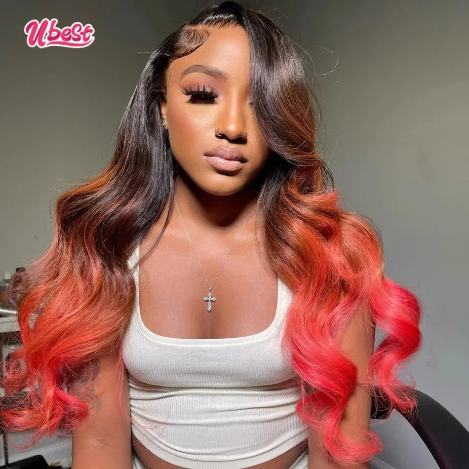 13x6 34inches Ombre Pink Color Body Wave Lace Front Human Hair Wig 180%Density Brazilian Transparen Lace Frontal Wig For Women