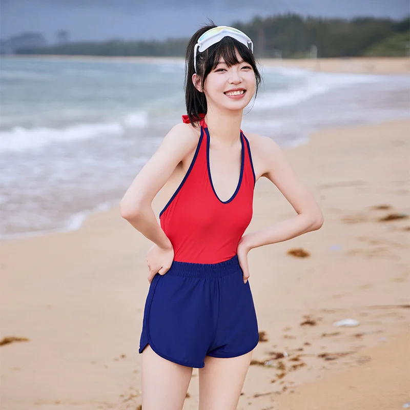 

Sexy Red One Piece Swimsuit Women with Blue Pants Push Up Lace Up Hanging Back Bandage Bodysuit Backless 2PCS Bathing Swimwear