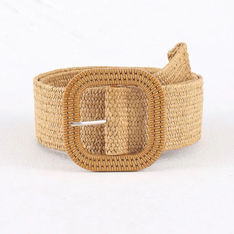 Vintage Bohemian Square Buckle Elastic Braided Belts Women Summer Wild Linen Weave Fake Straw Waist Belt Dress Shirt Decoration