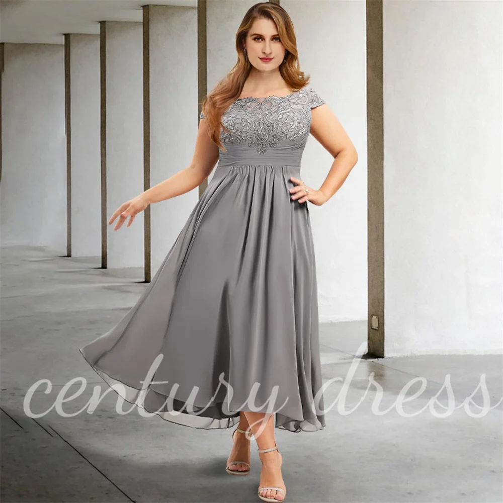 

Chiffon A-Line Plus Size Curve Mother of the Bride Dresses Elegant Dress Formal Wedding Tea Length Short Sleeve Pleats Appliques