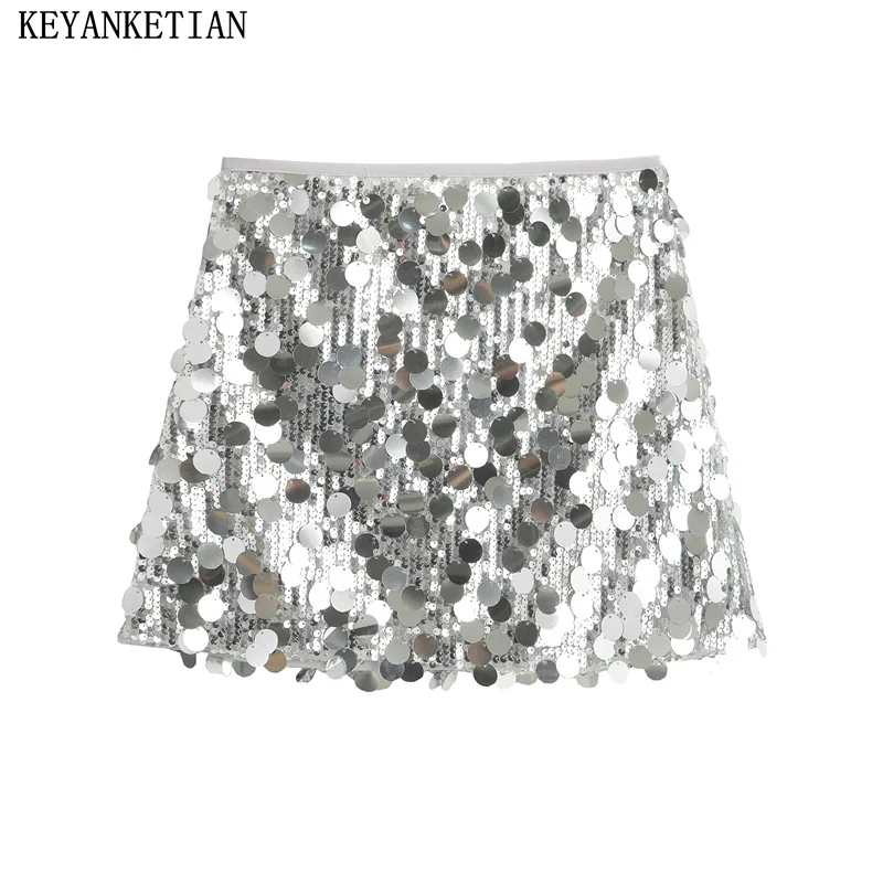 

KEYANKETIAN 2024 New Launch Women's Silver Sequins Decoration Skirt Fashion Elegant Side Zipper High waist A Line Mini Skirt