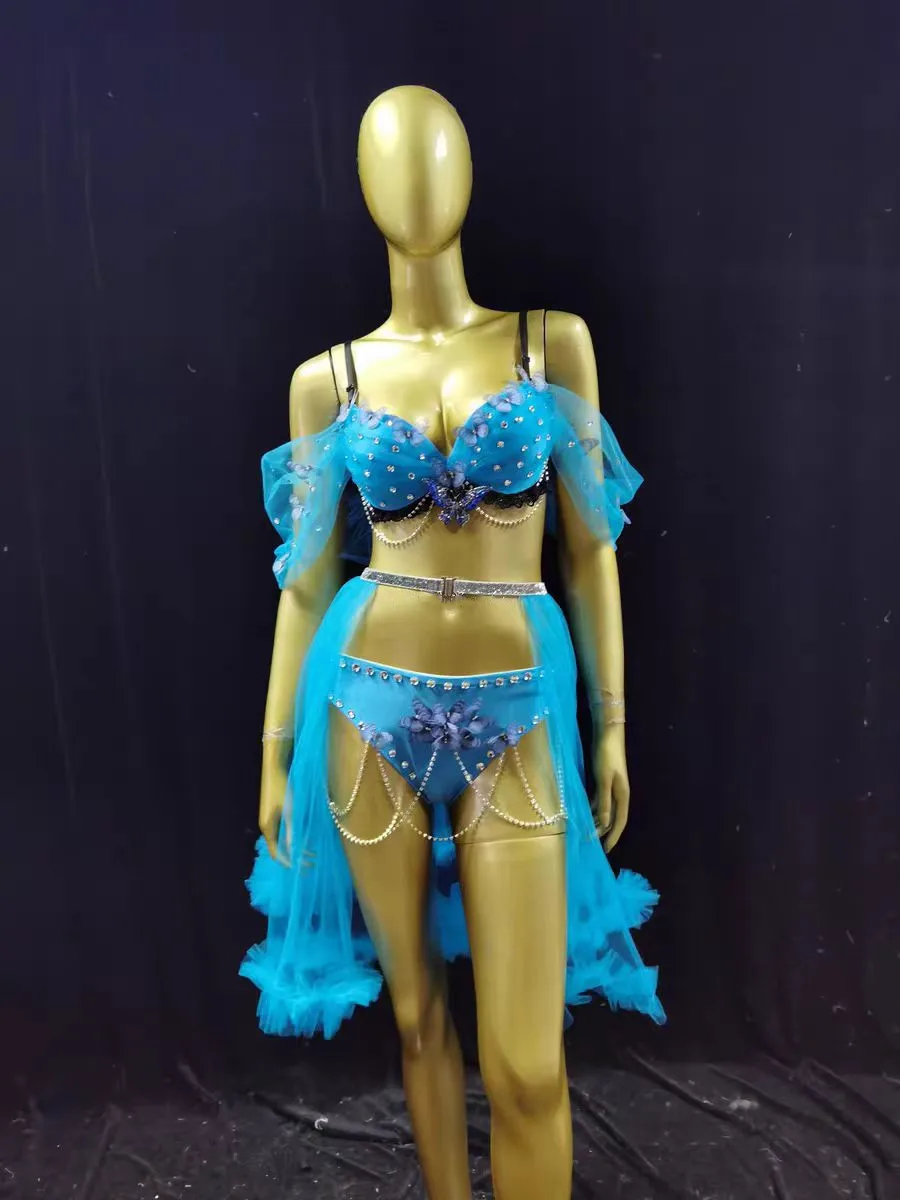 Bar Nightclub Sexy Performance Costume Pink Blue Rhinestones Bikini Mesh Skirt Dance Outfits Carnival Party Show Rave Stage Wear