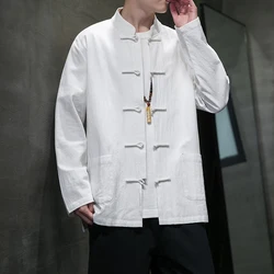 Black White Chinese Shirt Man Cotton Linen Tang Suit Top Spring Autumn Long Sleeve Kung Fu Shirt Traditional Men Blouses