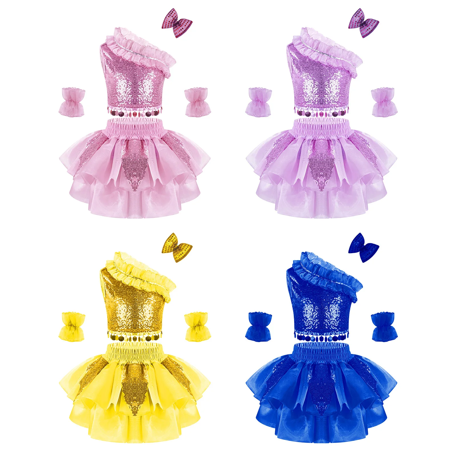 Girl Sequins Jazz Dance Dress Costume Set Ballerina Latin Dance Dress Cheerleader Uniform Sequin Tops Tutu Skirt Hair Clip Cuffs