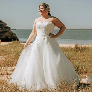 Elegante Hochzeit Kleider Plus Größe 2023 Frauen Liebsten Ärmel Braut Kleider Mit Applique A-Line Sweep Zug Vestido De Noiva