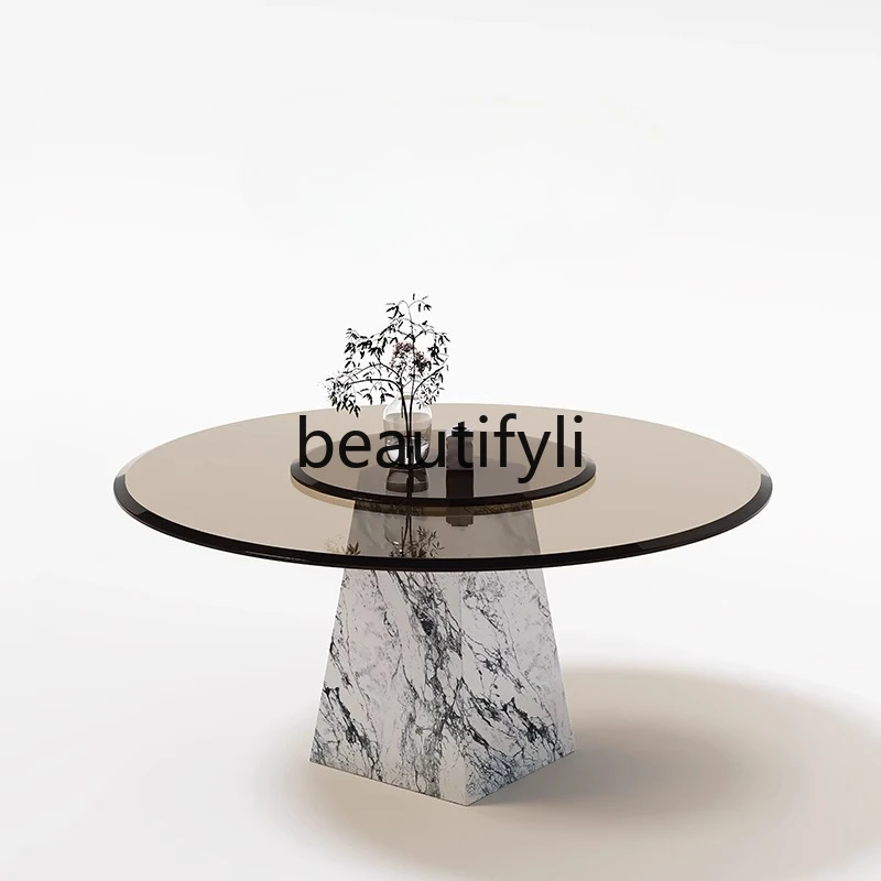 

Natural marble round tempered glass Italian minimalist wabi style dining table and chair combination round dining table