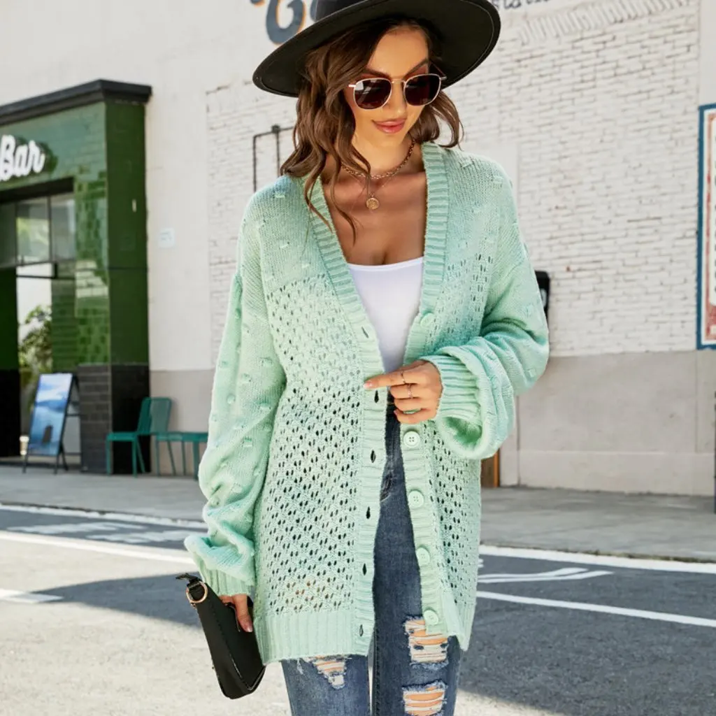 

Women's plus Size Knitted Cardigan V-Neck Hollow Long Sleeve Mid-Length Sweater Versatile European American Style Coat
