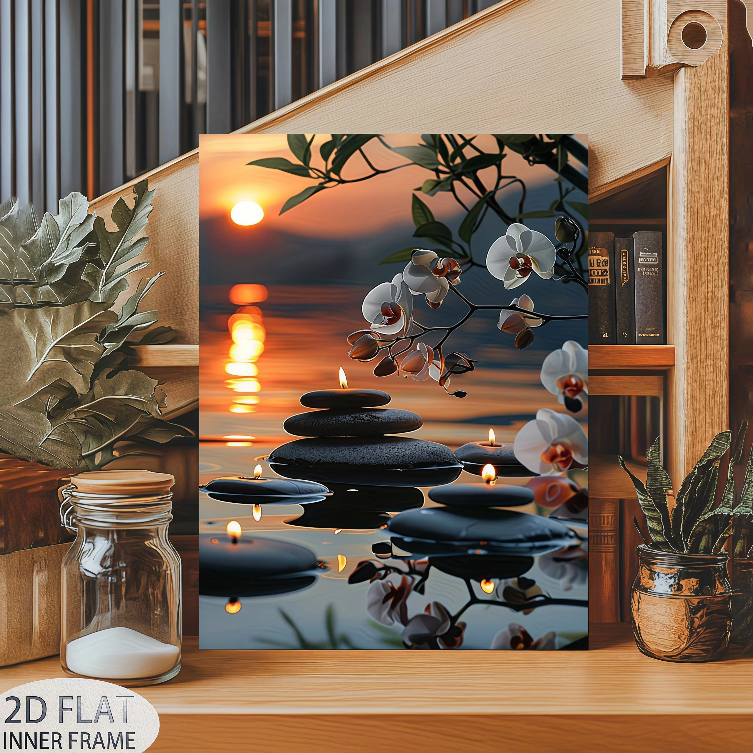 Wooden Framed Canvas Painting Water Scene with Orchids