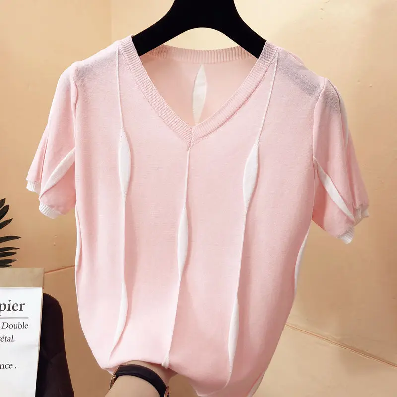 Large Size 200 Pounds Ice Silk Short Sleeved T-shirt for Women's Summer Korean Version Loose Slimming Casual Knit Sweater Top