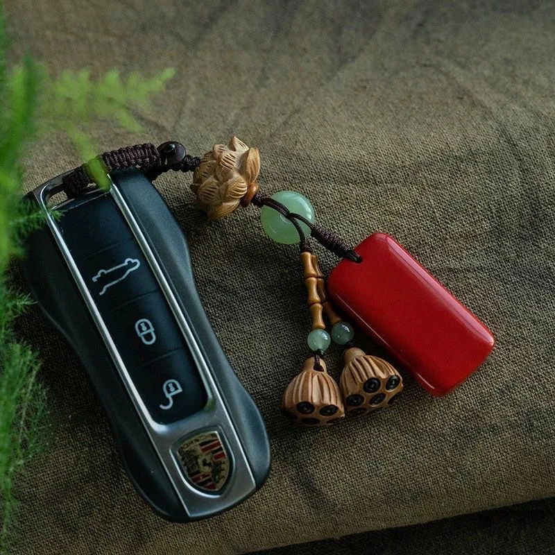 Chinese Style Natural Cinnabar Peace Tag Keychain Wood Carved Lotus Double Seeds Pendant Lucky Blessing Wealth Attracting Amulet