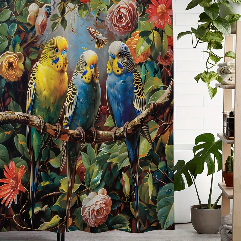 One piece of retro green plant flower parrot bird print waterproof shower , with 12 hooks Curtain for Windows