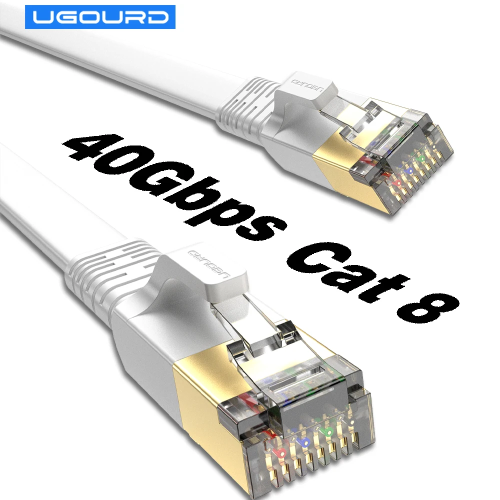 New White Cat8 Ethernet Cable 40Gbps Cat 8 Flat RJ45 Shielded Network LAN Category 8 Cable Pure Copper High Speed Internet Cord