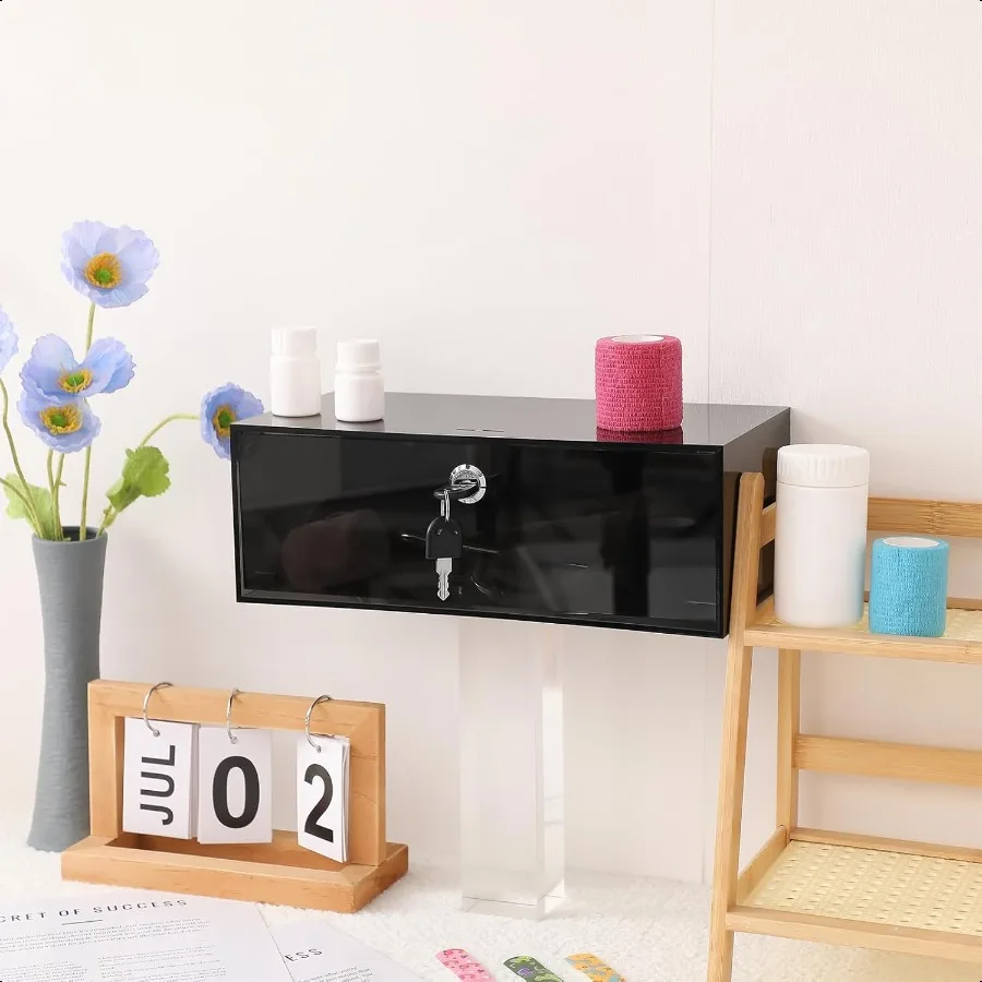 Refrigerator Medicine Lock Box with Keys and Mounting Hardware 12 x 6 x 4.5 Inch Wall Mount Locking Medicine Box Black Acrylic