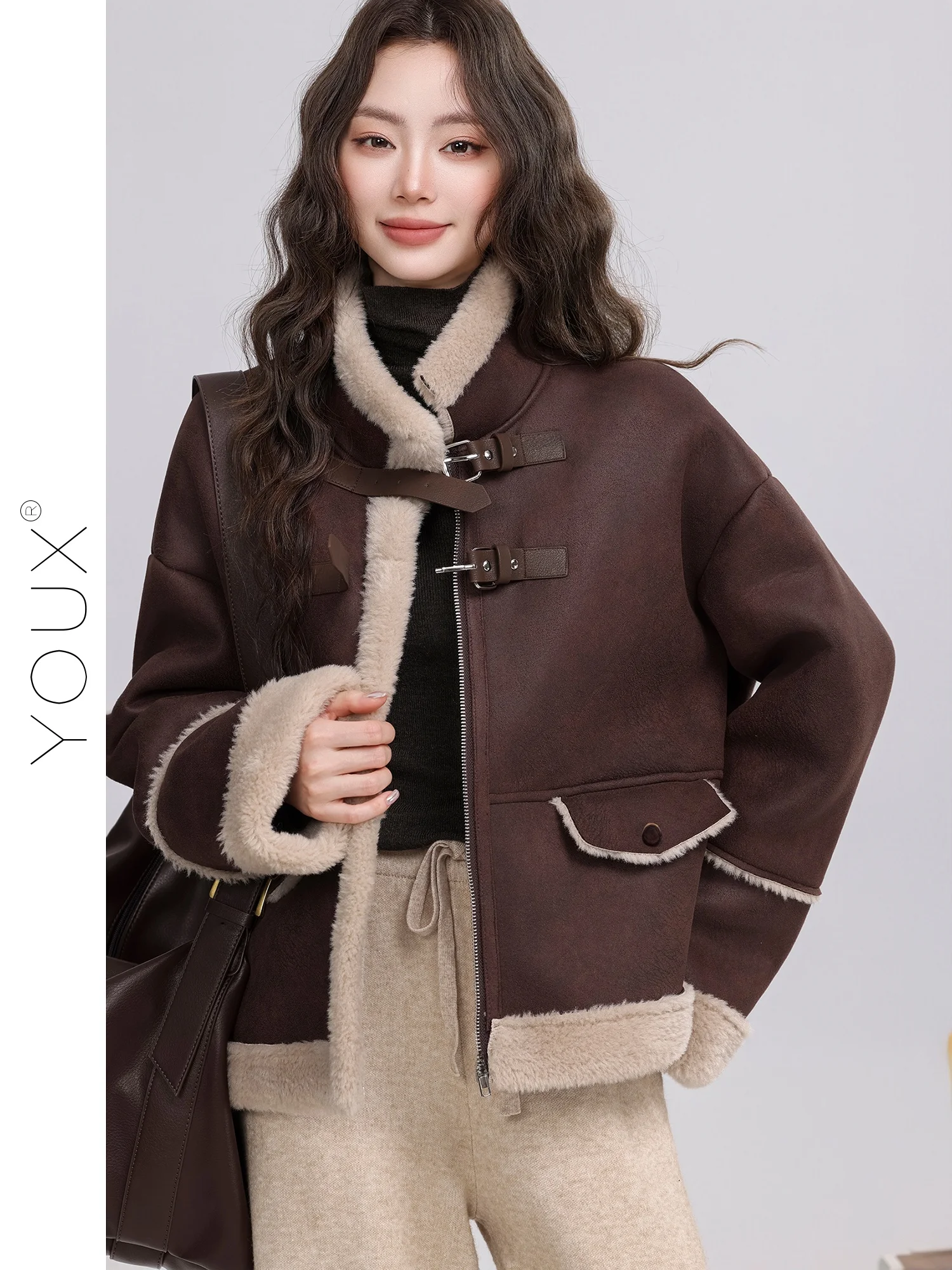 

Женское ретро-пальто Autumn Lane из искусственного меха и кожи с воротником-стойкой, теплое, для повседневной носки, зимняя новинка