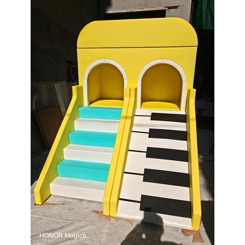 Indoor Playground Yellow Soft Play Castle With Double Slide Piano Pattern PU Foam Toddler Play House for Kids Party Rental