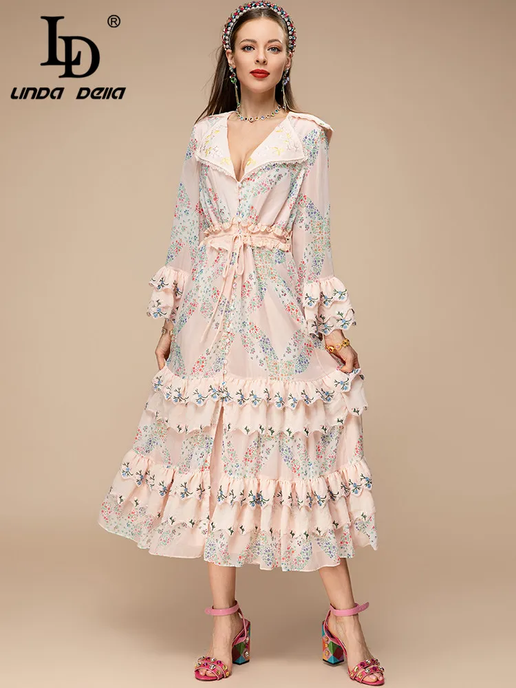 LD LINDA DELLA New 2023 Spring Summer Fashion Women Elegant Midi Dress Turn-down Collar Floral Print Cascading Ruffle Dresses