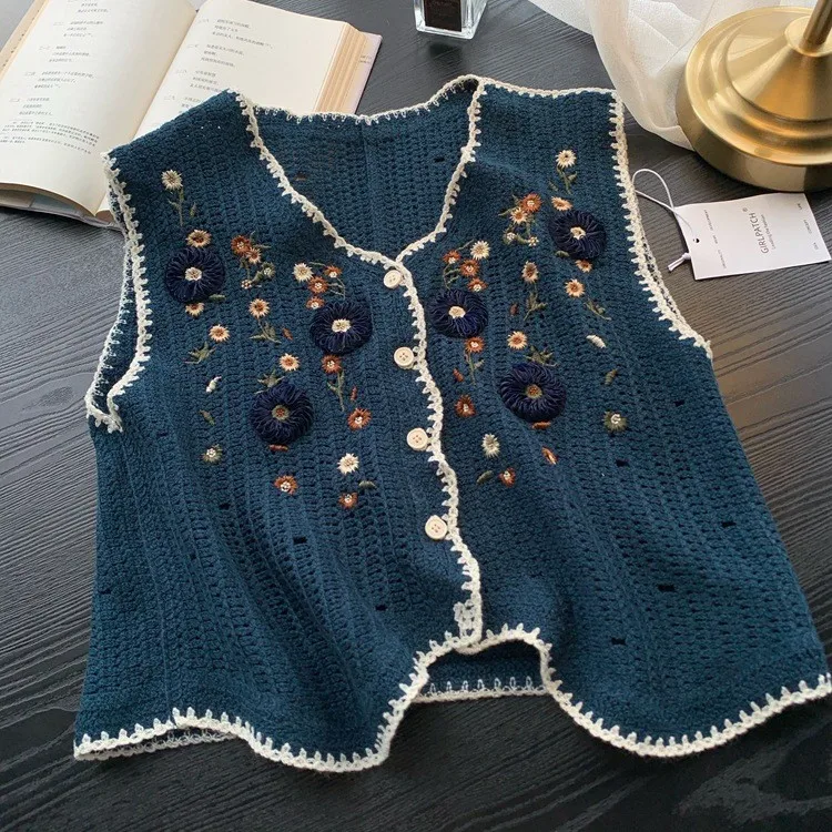 Women's Embroidered Knitted Hollow out Sleeveless Vest Spring Summer New Style V-Neck Short Length Button-Up Outerwear