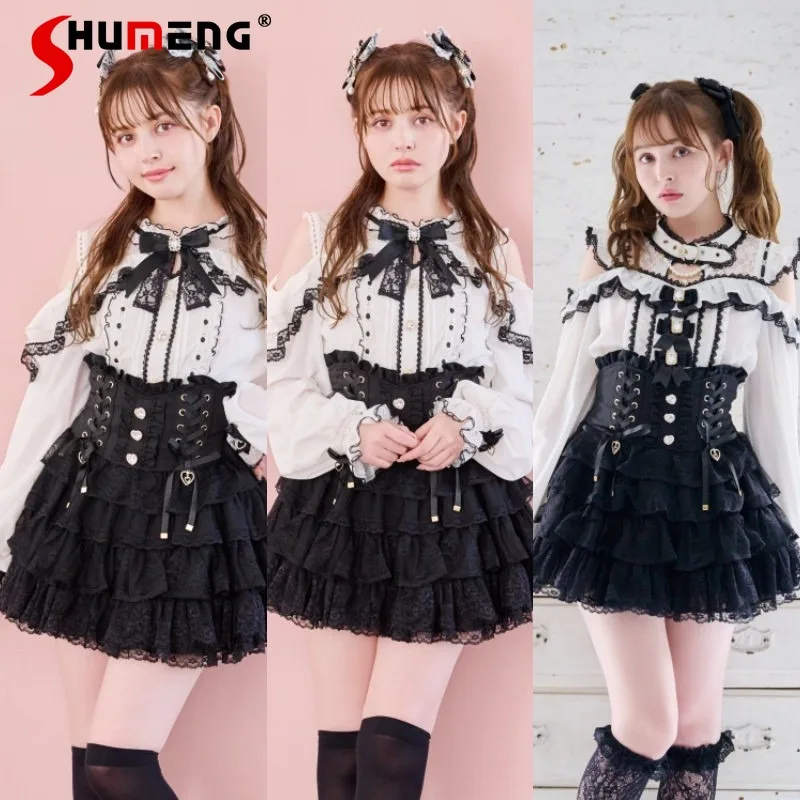 

Liz Mass Production Sweet Lolita Culottes High Waist Multi-layer Cake Skort Bowknot Decor Girly Daily Lace Ruffle Shorts Skirt