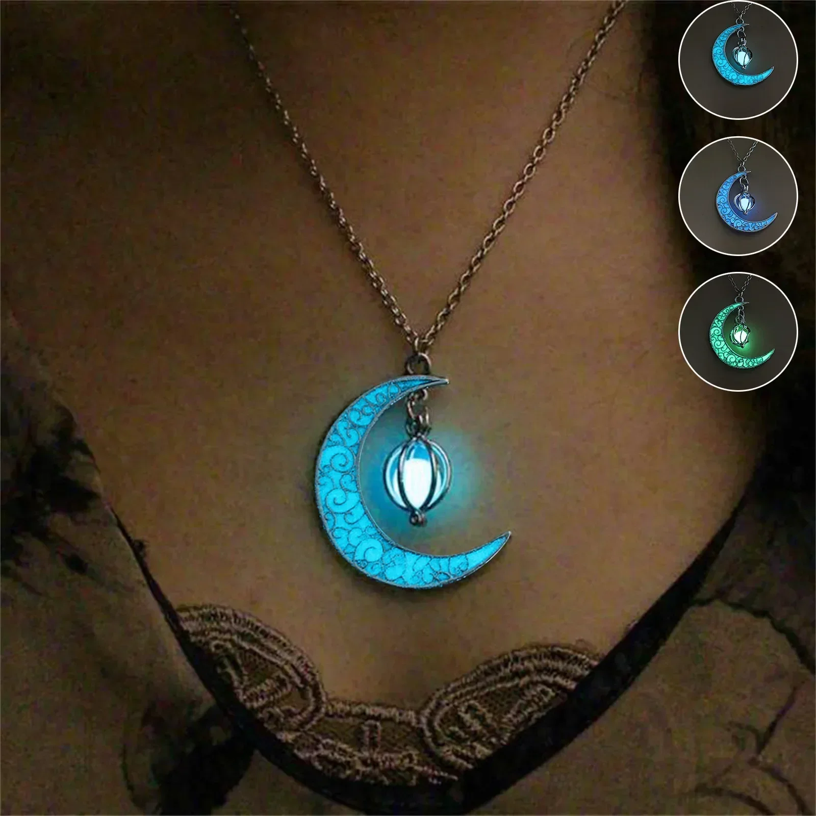 Womens Teen Girls Luminous Moon Necklace Moon Pendants Chain Choker Glow in The Dark Necklace Jewellery Gifts Ожерелье