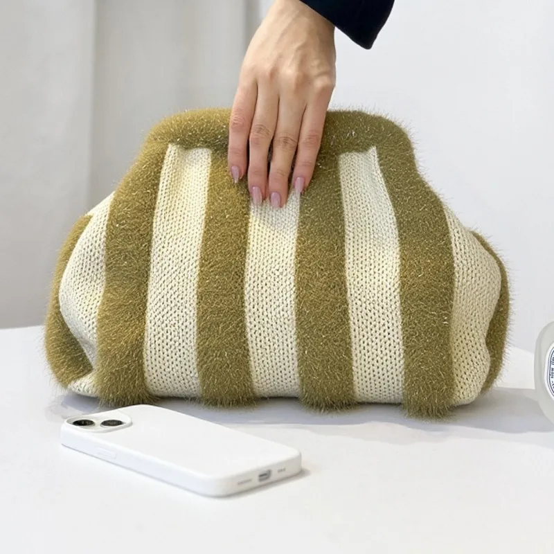 

Shiny Knitted Clutch Bag for Women Striped Design Female Clip Cloud Bag Trend Prom Dress Bag Travel, Date Lightweight Handbag