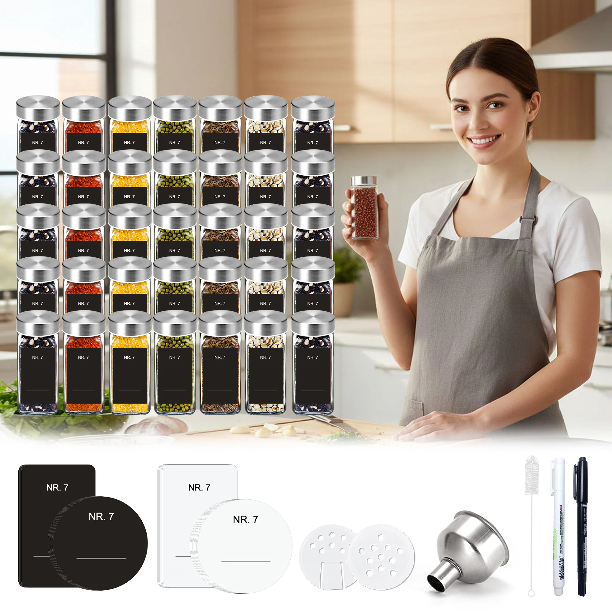 35-teiliges quadratisches Gewürzglas-Set aus Glas mit Edelstahldeckeln: luftdicht und feuchtigkeitsbeständig, ideal für die Aufbewahrung von Gewürzen in der Küche