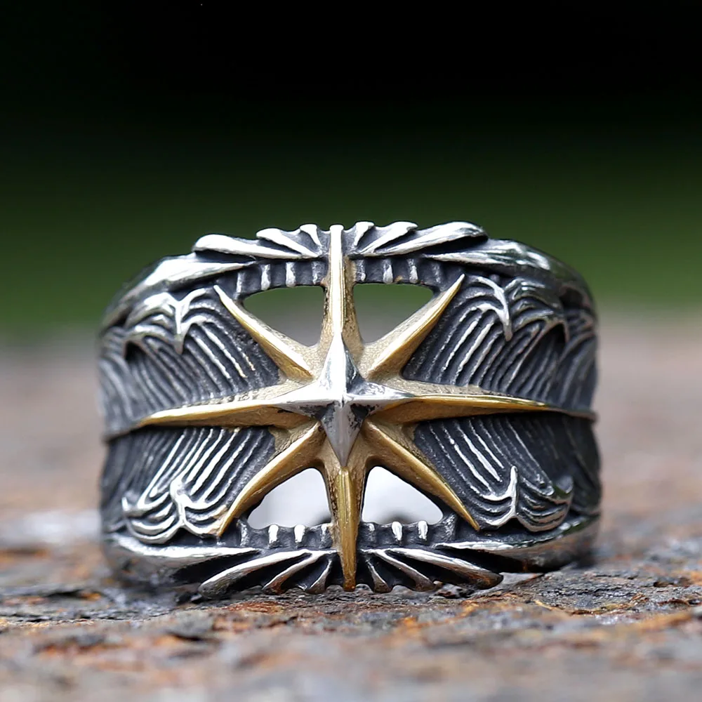 2023 Octagram Ring 316L Stainless Steel Feather Men Ring Hollow Punk Rock Rap for Biker Male Friend Jewelry Creative Gift R-1201