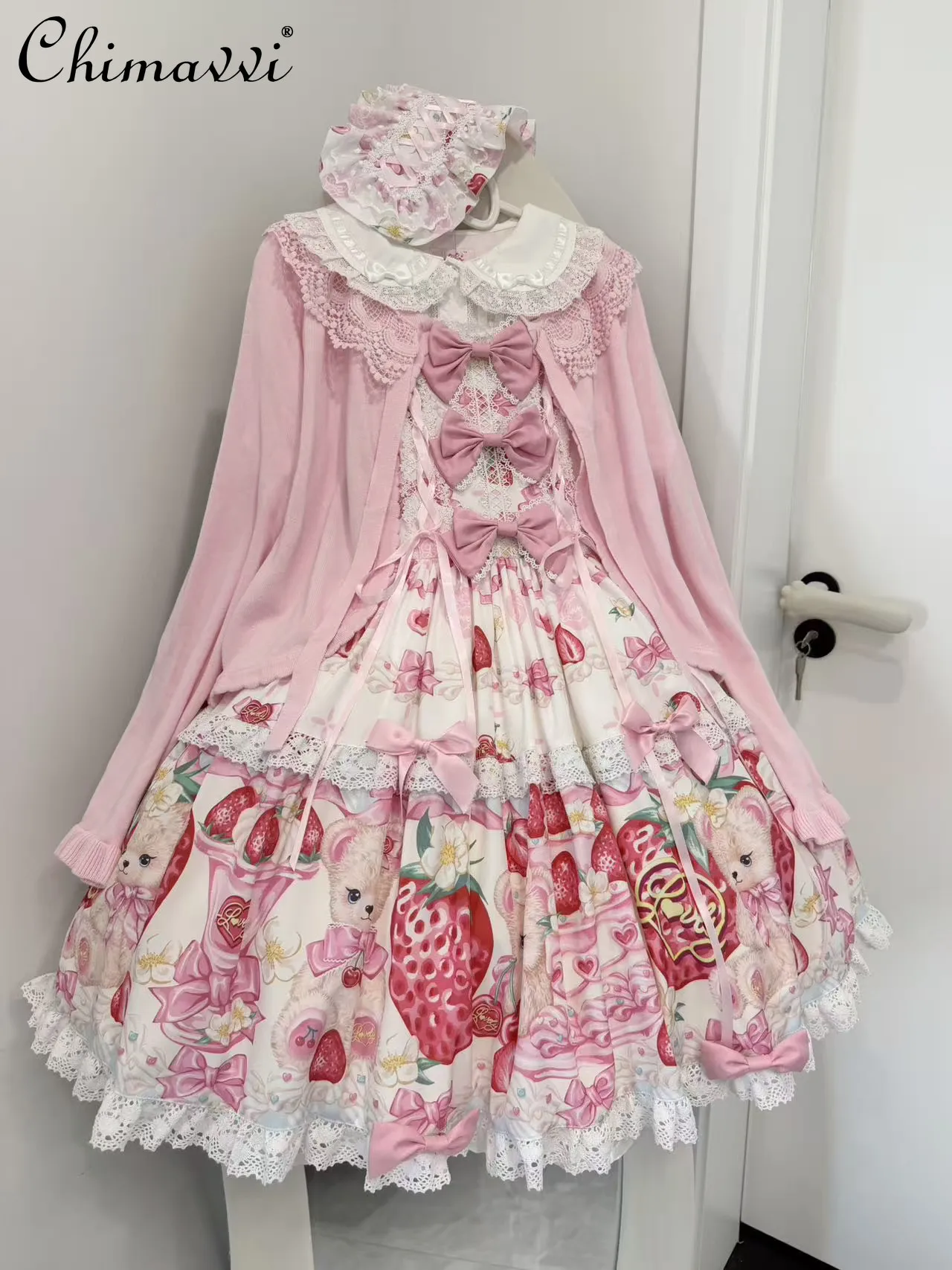 

Sweetheart Strawberry Bear Print Cute Girl Jsk Dress Spring/summer Kawaii Bow High Waist Elegant Lolita Dress for Women