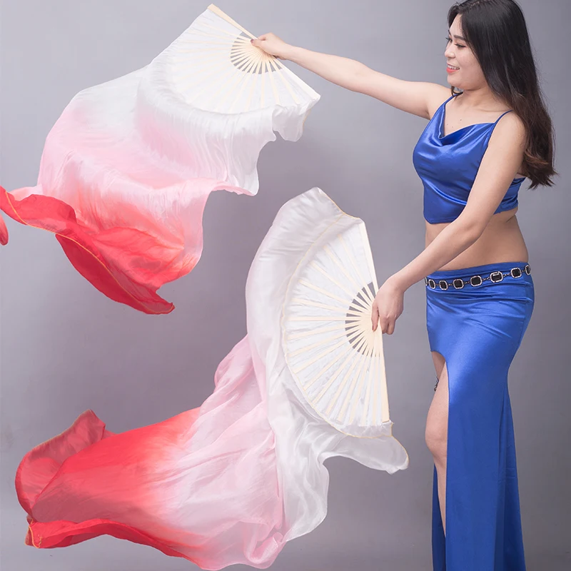 For Belly Dance Stage Performance Accessories One Pair Left Hand And Right Hand 100% Pure Real Silk Folding Long Bamboo-Ribs Fan