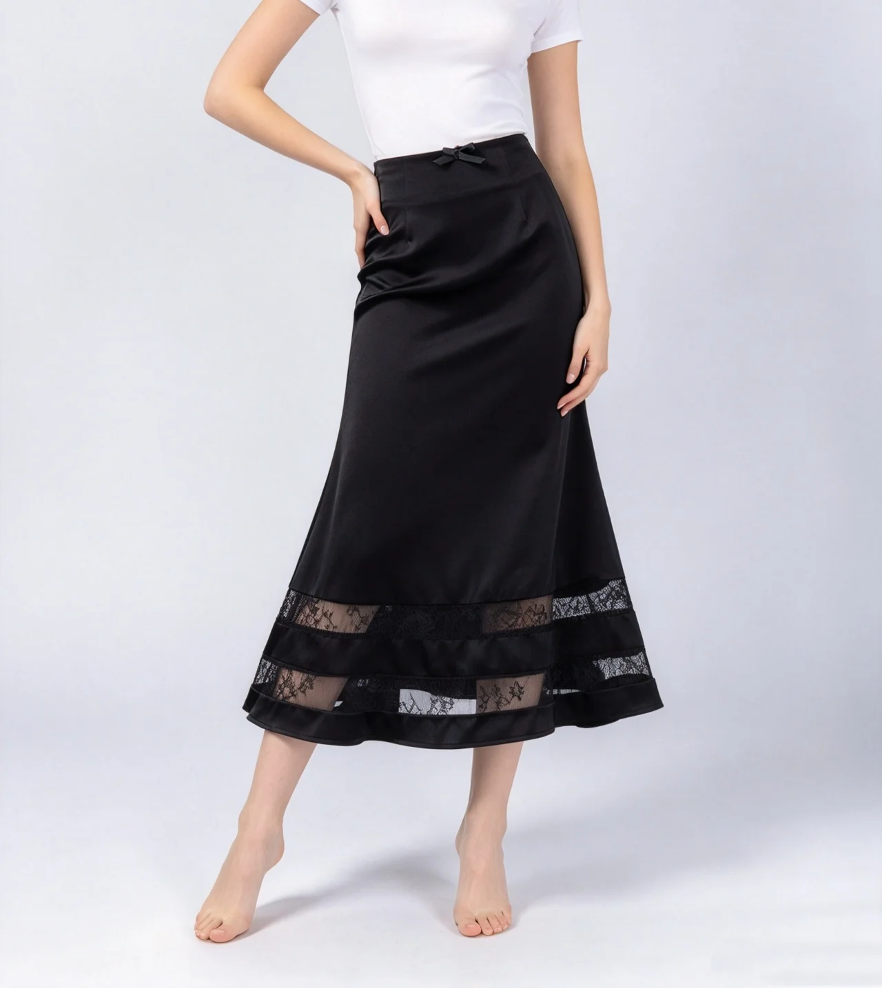 Women's Solid Color Skirt, Lace Panel Mermaid Hem with Bow Decoration, Versatile Bottom
