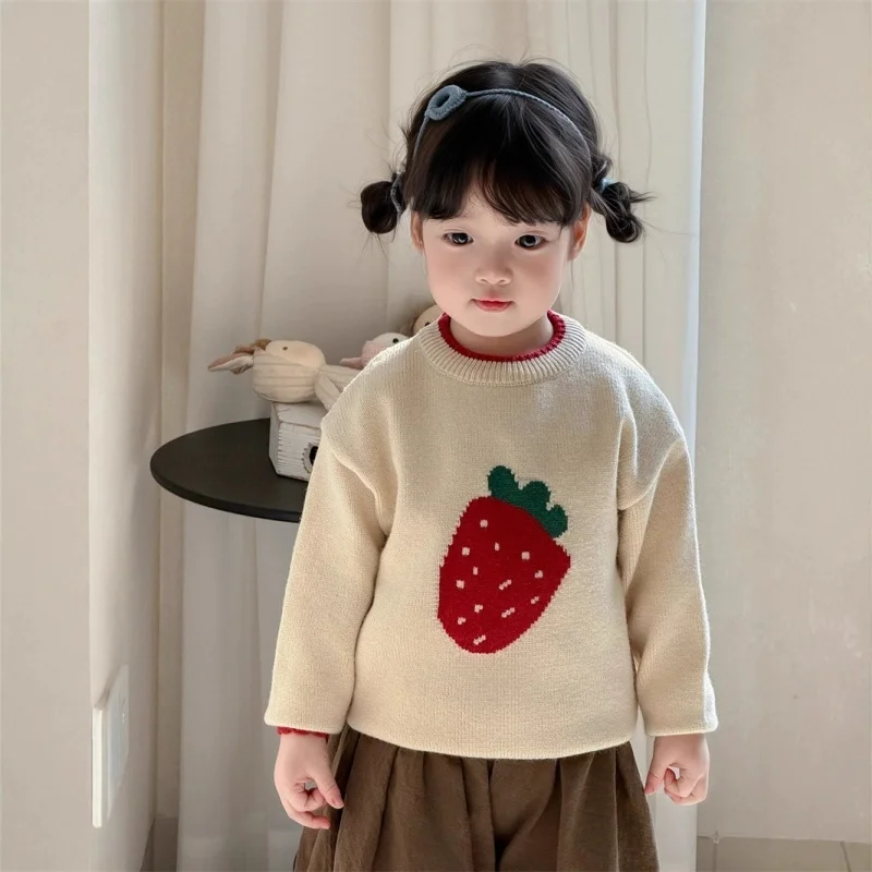Girl's Sweater 2026 Spring and Autumn New Knitted Shirt Children's Strawberry Embroidery Cute Versatile Top Gift 1-8 Years Old