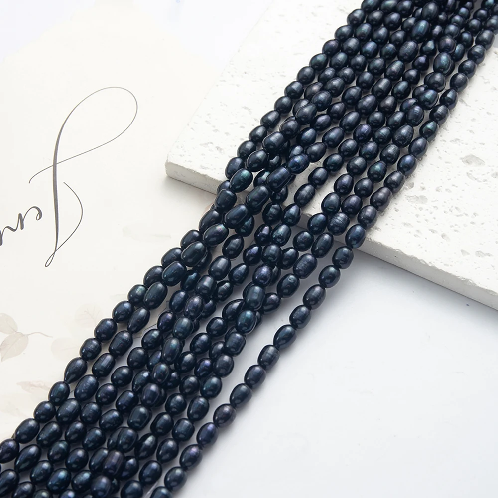 6-7 مللي متر شكل الأرز الأسود لؤلؤ المياه العذبة الطبيعية فضفاض الخرز سحر جودة عالية صنع المجوهرات عقد دي اي واي سوار أقراط