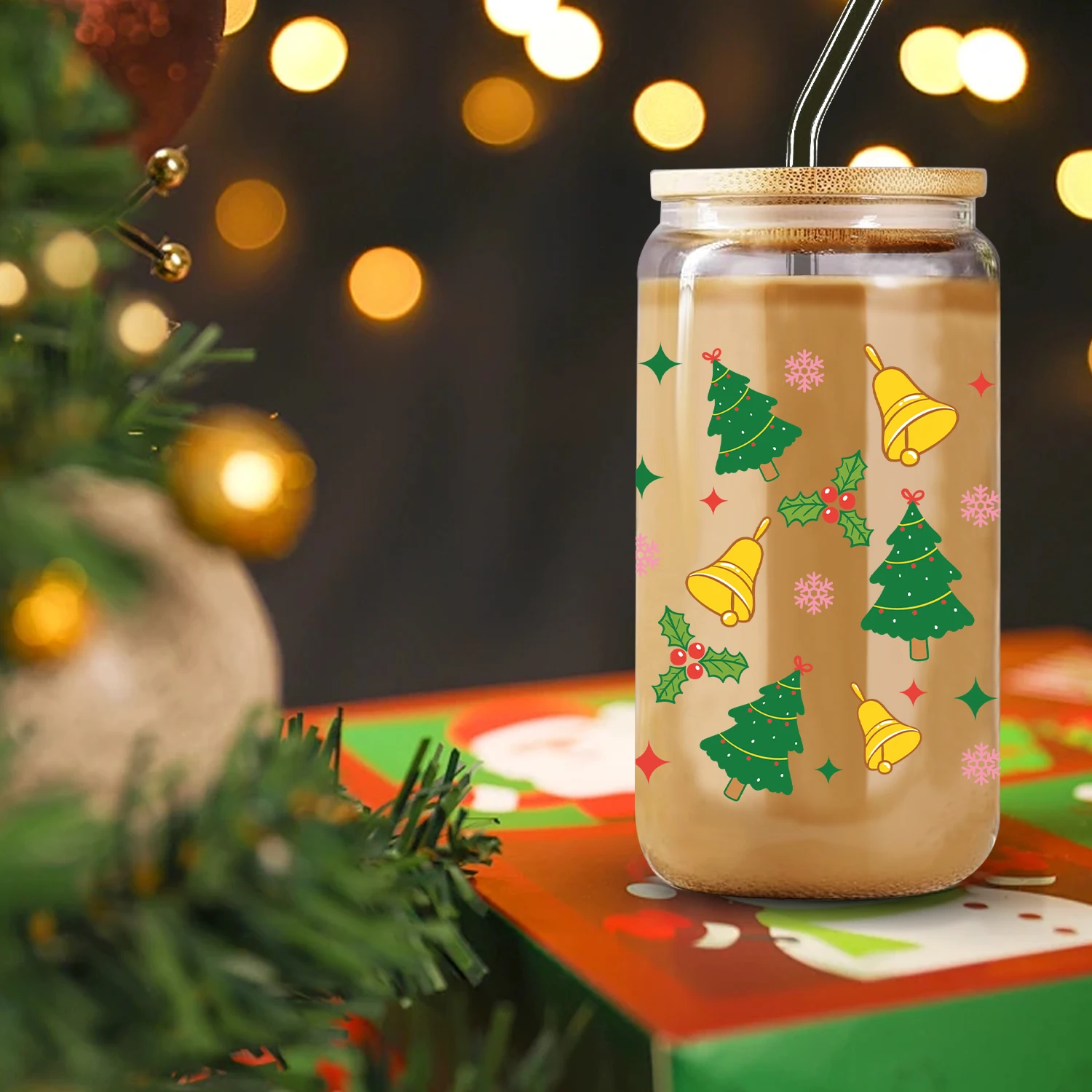 1pc 3d Print Bell Christmas Tree Christmas Ghost Glass Can With Lid And Straw Christmas Iced Coffee Glass Cup Friendsmas Gift